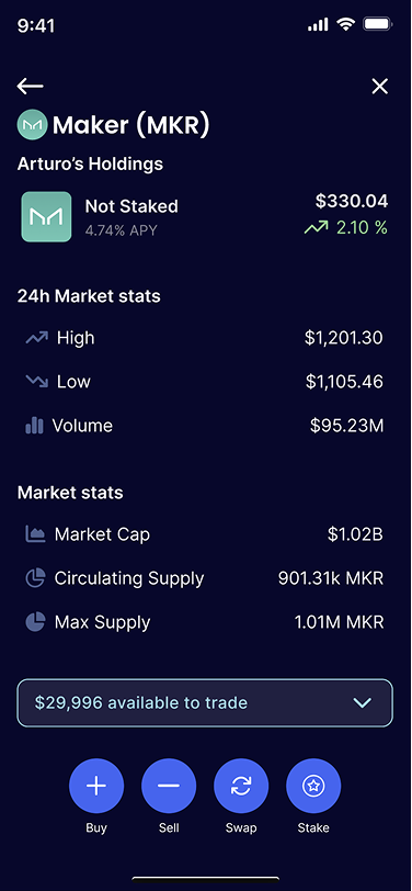 Redesigned coin details screen scrolled to holdings and market stats