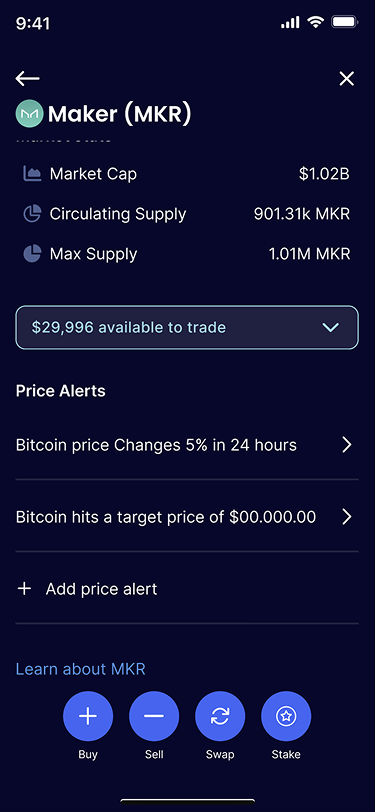 Redesigned coin details screen scrolled to price alerts