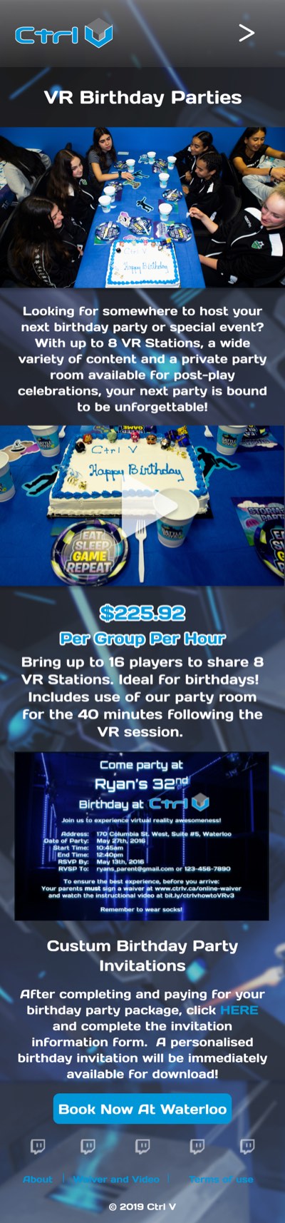 VR birthday parties page, mobile